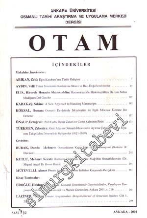 OTAM: Osmanlı Tarihi Araştırma ve Uygulama Merkezi Dergisi - Sayı: 12;